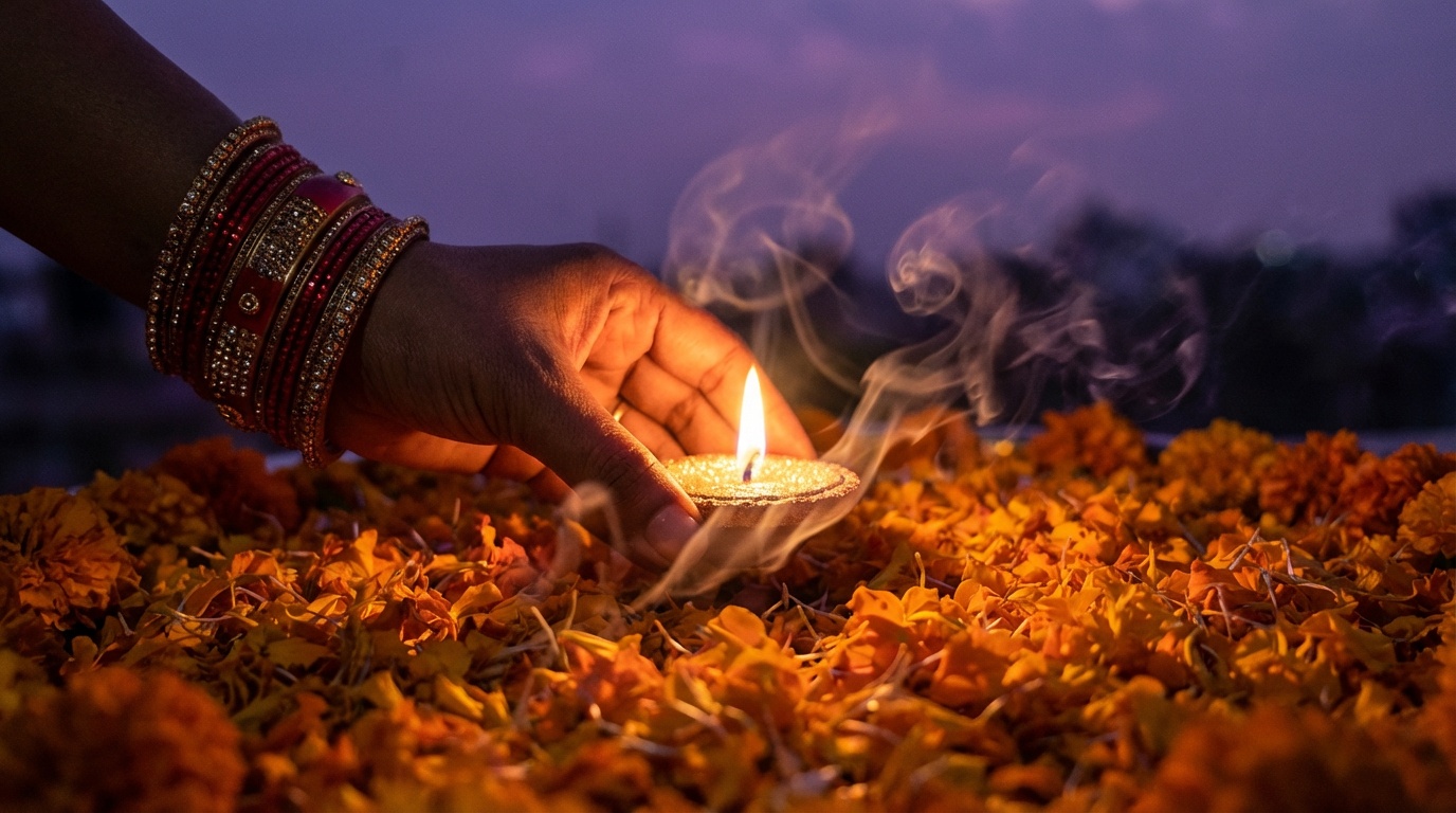 An Indian Woman Leaving A Candle On A Funeral Pyre